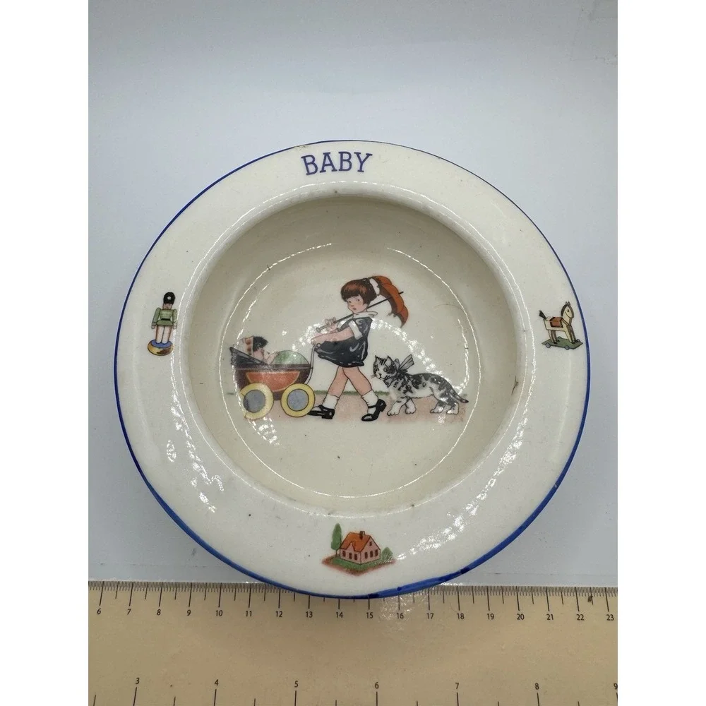 Antique Czecho-Slovakia Ceramic Baby Bowl 1920s Girl with Pram Dog Blue Trim 6in